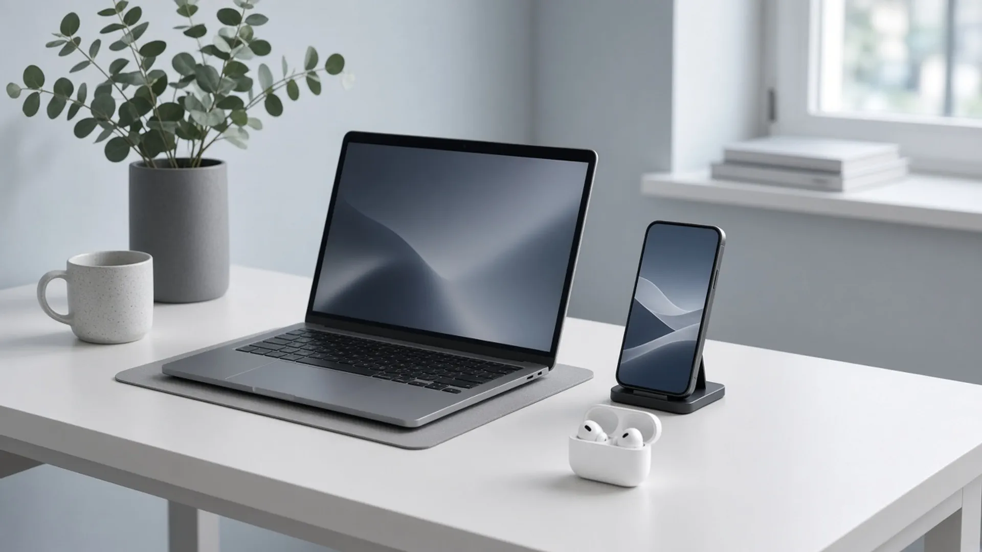 Escritorio con portátil y móvil, asistente virtual IA para empresas