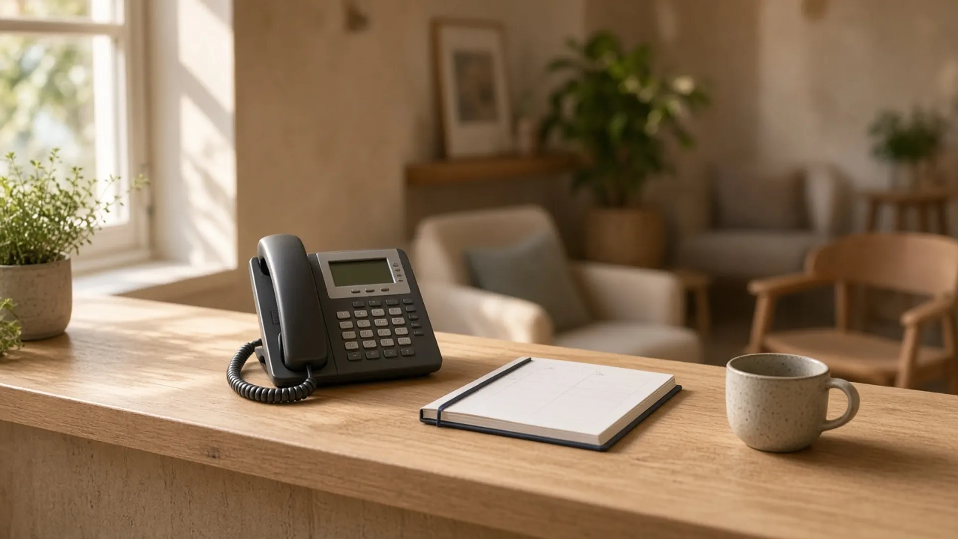 Mostrador de recepción con teléfono de mesa, listo para una recepcionista IA